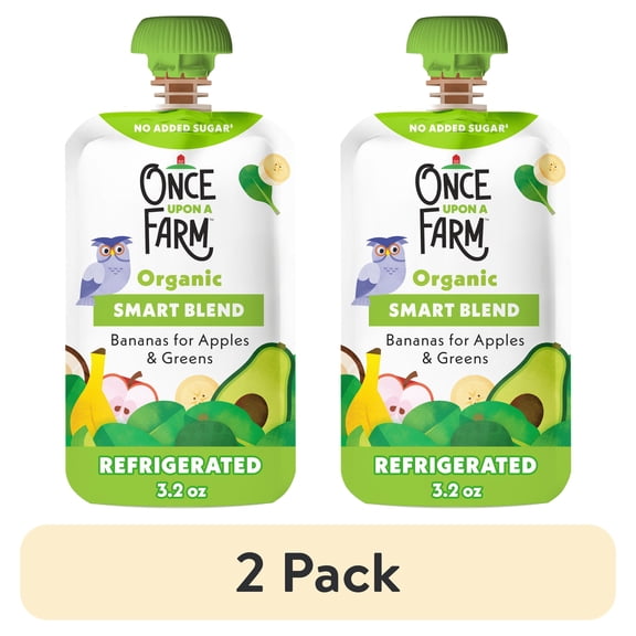 (2 pack) Once Upon a Farm Organic Refrigerated Baby Food Smart Blend Bananas for Apples & Greens, 3.2oz Pouch