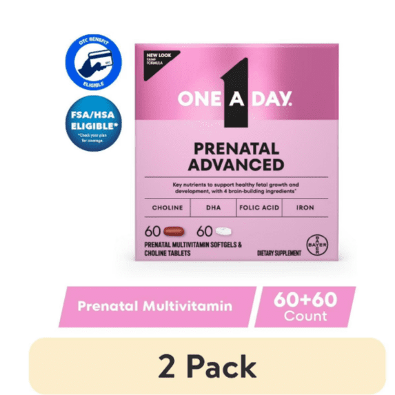 (2 pack) One A Day Advanced Prenatal Multivitamin with Choline, 60+60 Count