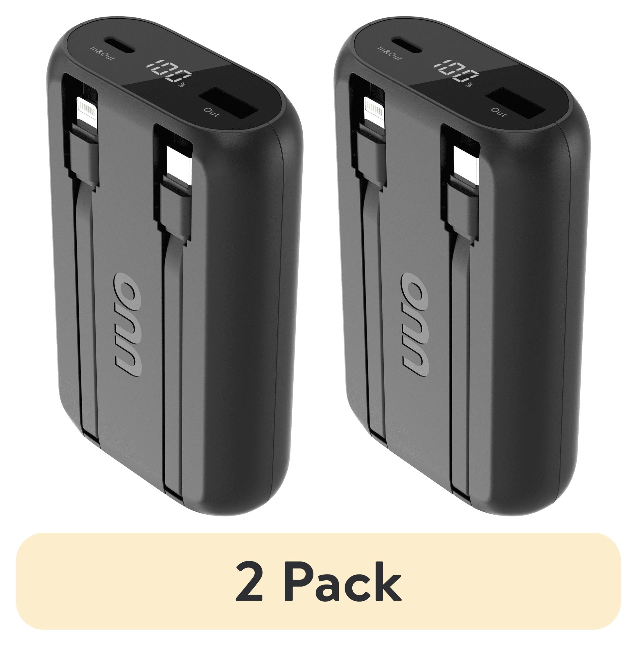 (2 pack) Onn 10,000 mAh Portable Powerbank with Built-in USB-C And Lighting Cables, Fast Charge, LED Readout, MFI Certified, Black