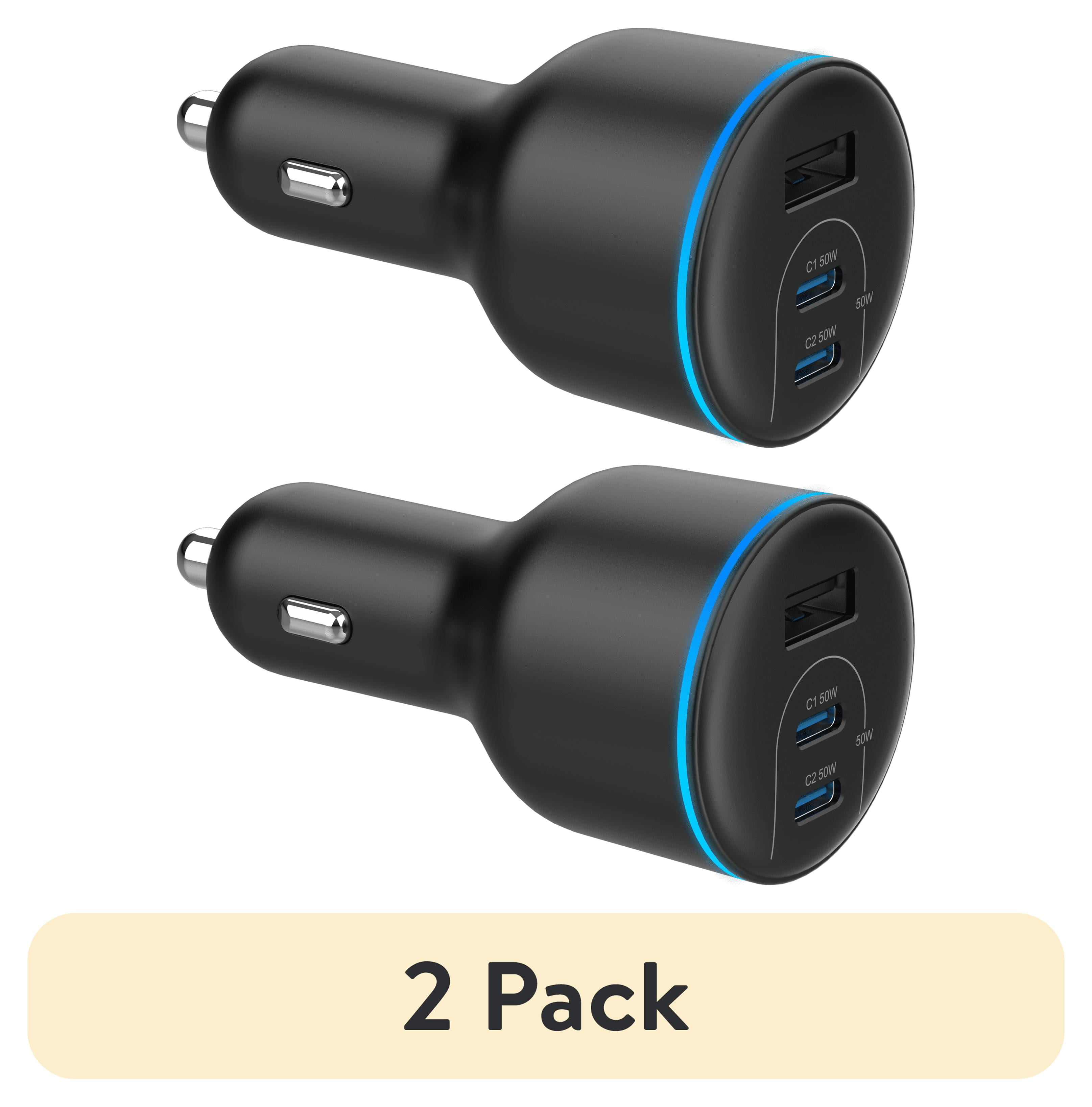 (2 pack) Onn 62W Multi-Port Car Charger USB-C/USB-A Fast Charging, Foldable Plug, USB-IF Certified, White