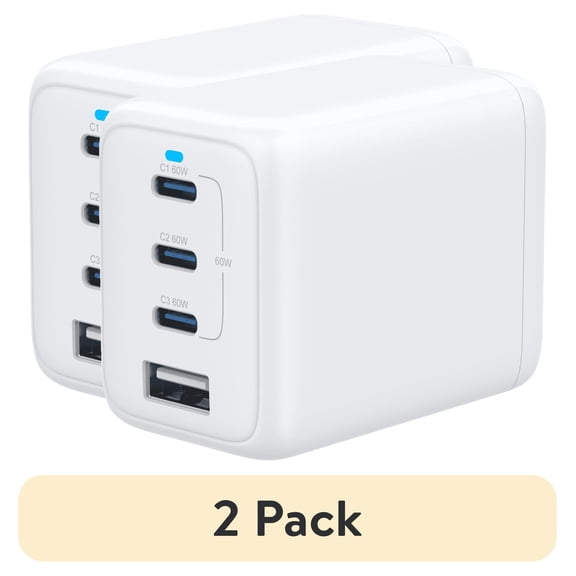 (2 pack) Onn 72W Multi-port USB-C/USB-A Wall Charger, Fast Charging, USB-IF Certified, Foldable Plug, White - Compatible with iPhone, iPad, AirPods, Samsung Galaxy, Note, Pixel & More