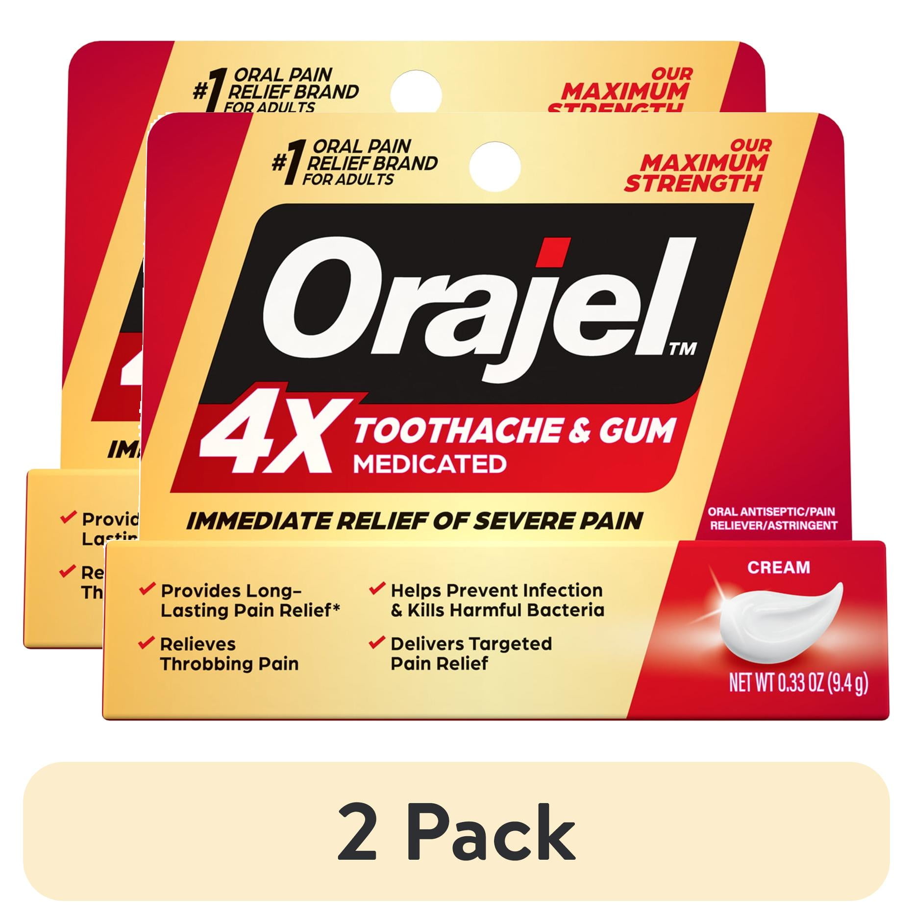 (2 pack) Orajel 4X for Toothache & Gum Pain: Severe Cream Tube 0.33oz- From #1 Oral Pain Relief Brand
