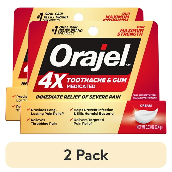 (2 pack) Orajel 4X for Toothache & Gum Pain: Severe Cream Tube 0.33oz- From #1 Oral Pain Relief Brand