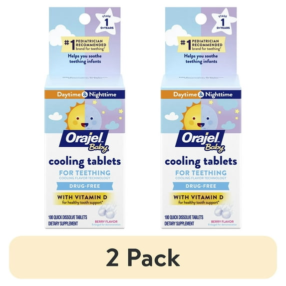(2 pack) Orajel Baby Teething Cooling Tablets, for Relief of Painful Gums, Day & Night, 100 count