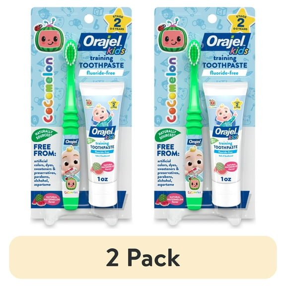 (2 pack) Orajel Kids CoComelon Toothbrush & Training Toothpaste Fluoride-Free Watermelon Flavor, 1 oz
