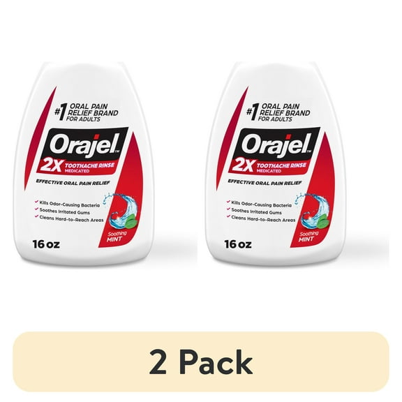 (2 pack) Orajel Toothache Rinse, Pain Relieving Analgesic & Astringent Oral Rinse, Soothing Mint, 16 fl oz