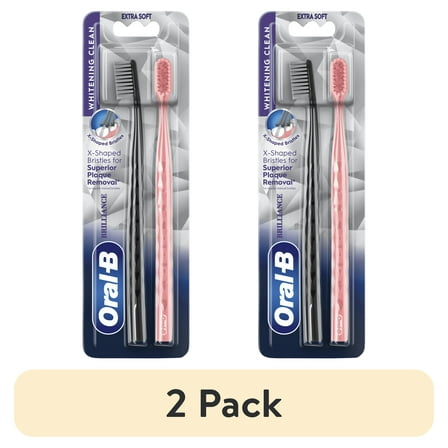 (2 pack) Oral-B Toothbrush Pack, 3D White Brilliance Toothbrush, Extra Soft, Black & Coral, 2 Count