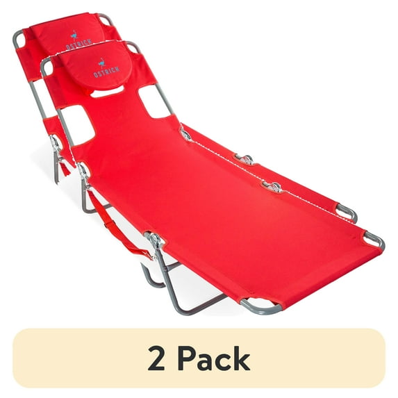 (2 pack) Ostrich The Original Chaise Beach Lounge Chair, Folding & Reclining Outdoor Lounger, Red