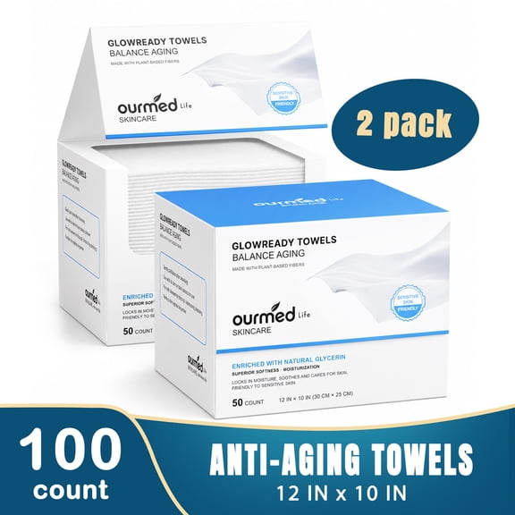 (2 pack) Ourmed Life 50Ct Large Thick Face Disposable Towels 12''x10'' Plant-Based Aging Unscented Dry Facial Washcloths with Glycerin for Sensitiveness