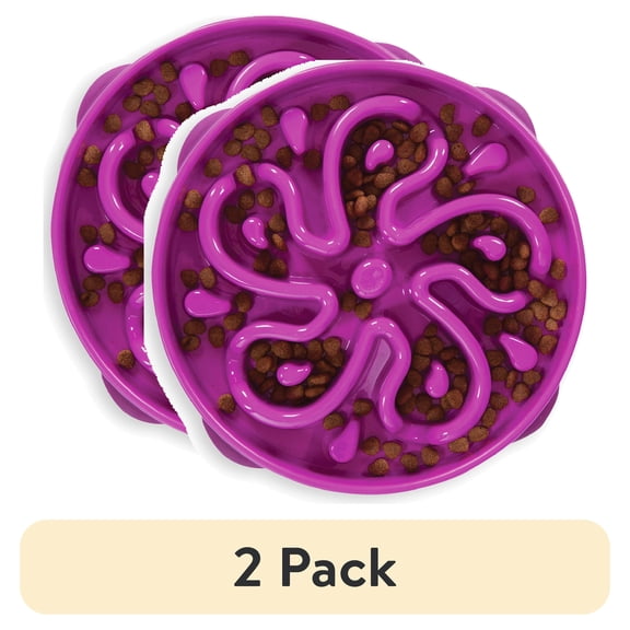 (2 pack) Outward Hound Fun Feeder Slo Bowl Large 4Cup Capacity, Slow Feeding, Medium to Large Dogs, NonSlip, Purple, Flower Pattern