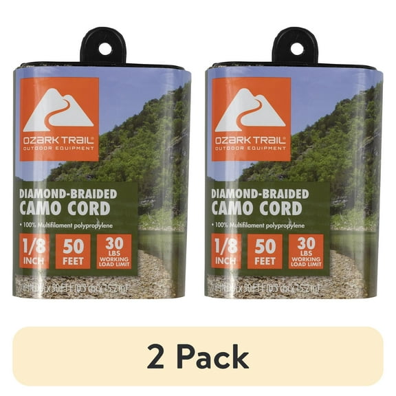 (2 pack) Ozark Trail 1/8"x50' Multifilament Polypropylene Marine Diamond-Braided Camo Cord Rope. 50 Feet Long