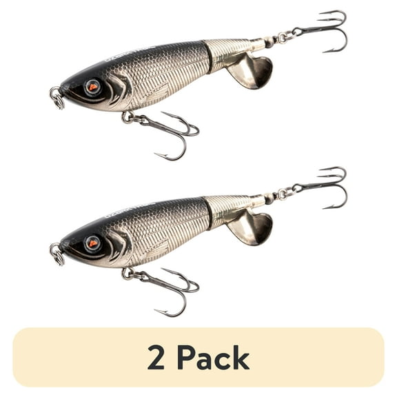 (2 pack) Ozark Trail 3.5" Topwater Prop Bait Fishing Lure for Bass, Pike, and Musky, Soft and Hard Plastic, Chrome Color