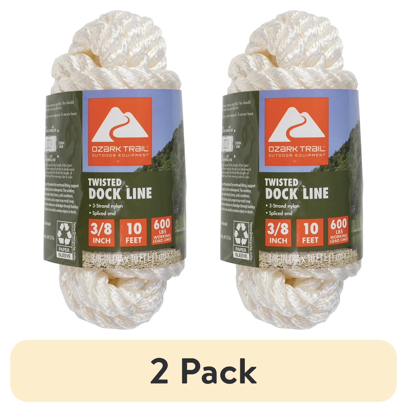 (2 pack) Ozark Trail Marine Dock Line, 3/8 in x 10 ft Twisted Nylon, 600 lb Load Capacity