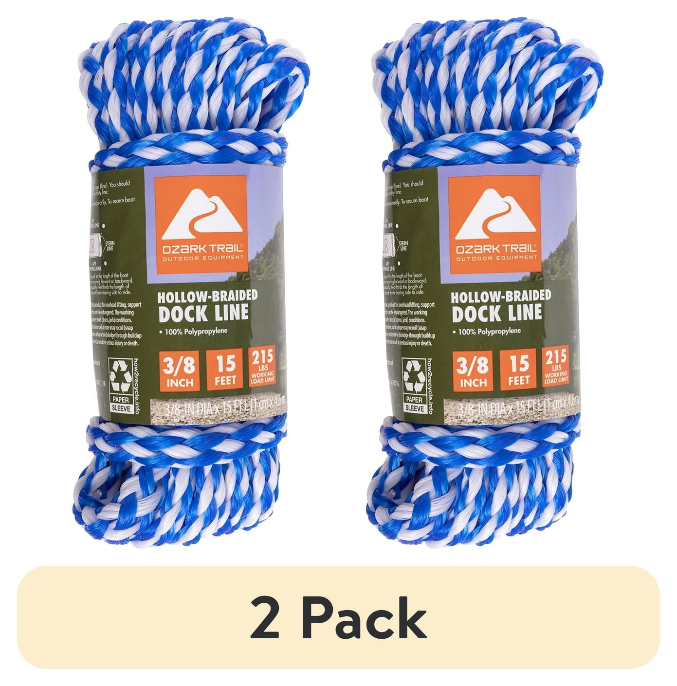 Ozark Trail Marine Boating Dock Line 3/8x15ft Blue Polypropylene Hollow ...