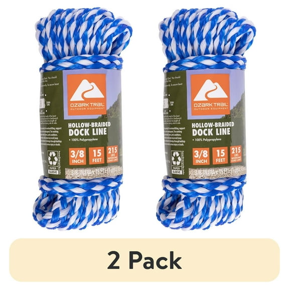 (2 pack) Ozark Trail 3/8"x15' Polypropylene Marine/Boating Hollow-Braided Dock Line - Blue. 15 foot rope length.