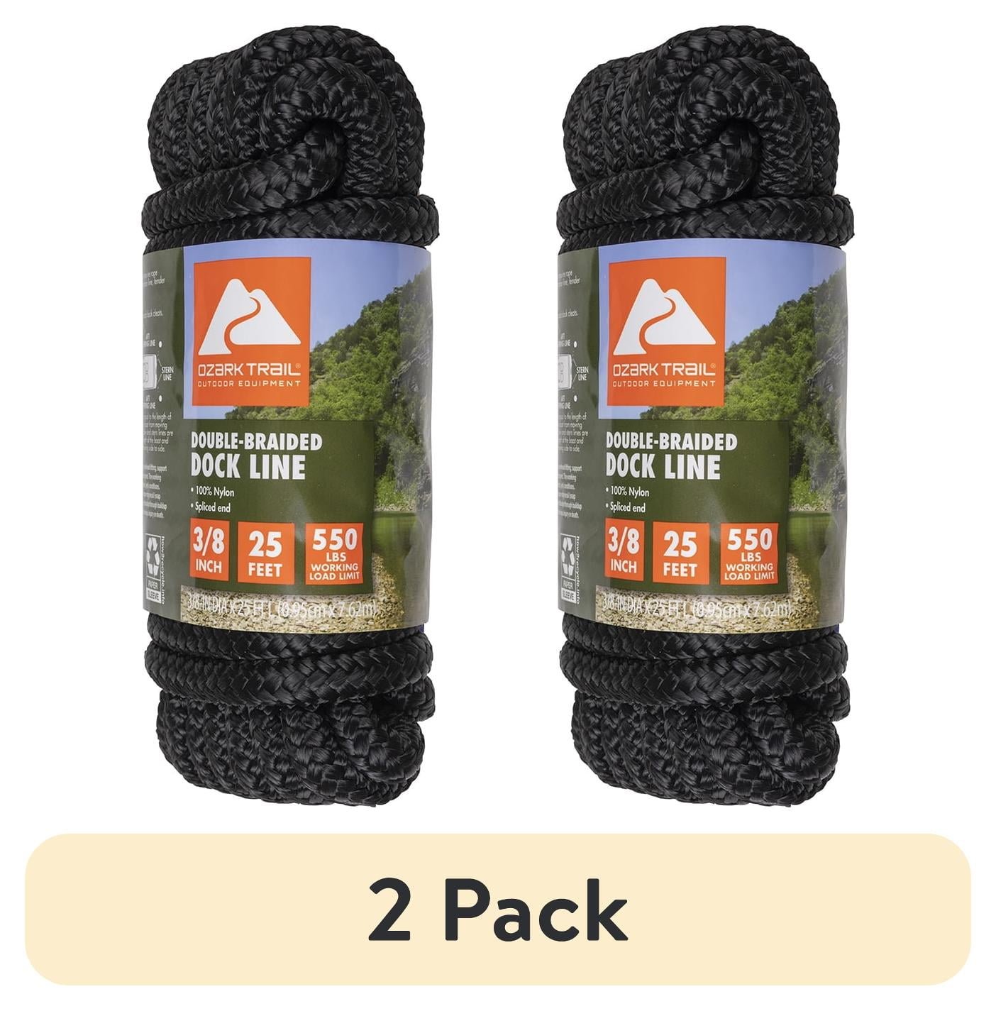 (2 pack) Ozark Trail Double-Braided Nylon Marine Dock Line, 3/8 in x 25 ft, Up to 20 ft Boats, 550 lb Maximum Working Load, Black