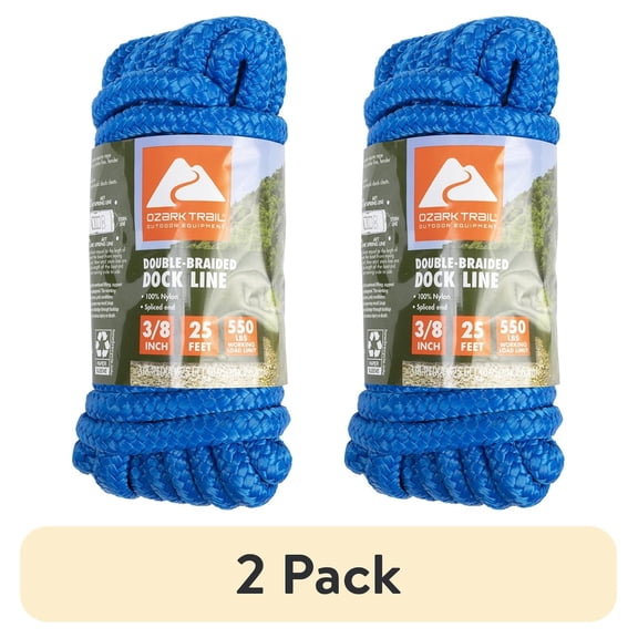 (2 pack) Ozark Trail Double-Braided Nylon Marine Dock Line, 3/8 in x 25 ft, Up to 20 ft Boats, 550 lb Maximum Working Load, Blue