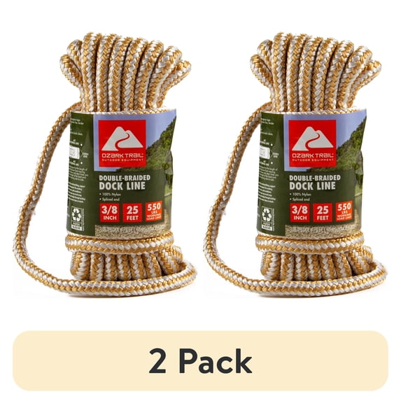 (2 pack) Ozark Trail Double-Braided Nylon Marine Dock Line, 3/8 in x 25 ft, Up to 20 ft Boats, 550 lb Maximum Working Load, Gold