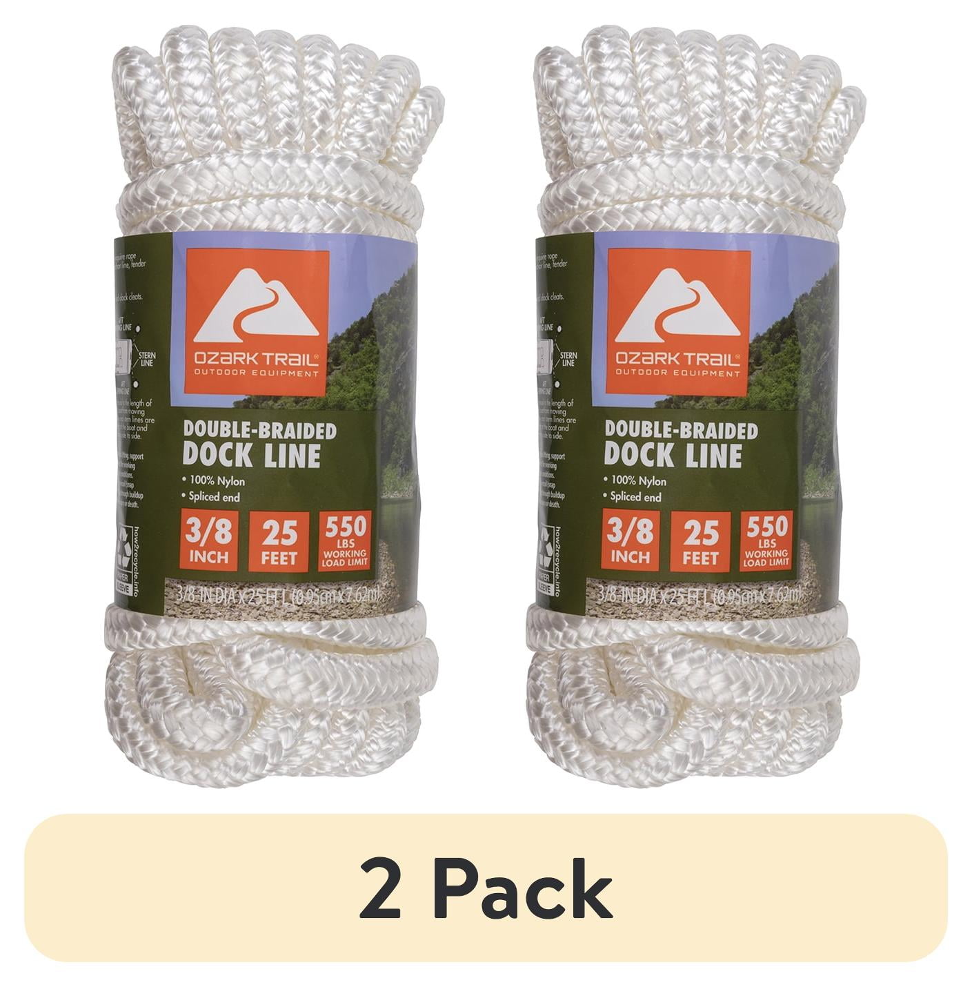 (2 pack) Ozark Trail Double-Braided Nylon Marine Dock Line 3/8 in x 25 ft, Spliced Eye, 550 lb Load
