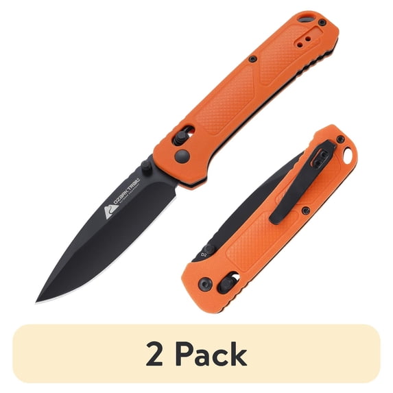 (2 pack) Ozark Trail 7.5 inch Slide Lock Folder Folding Knife with Ball Bearing 3.3 inch D2 Blade Belt Clip