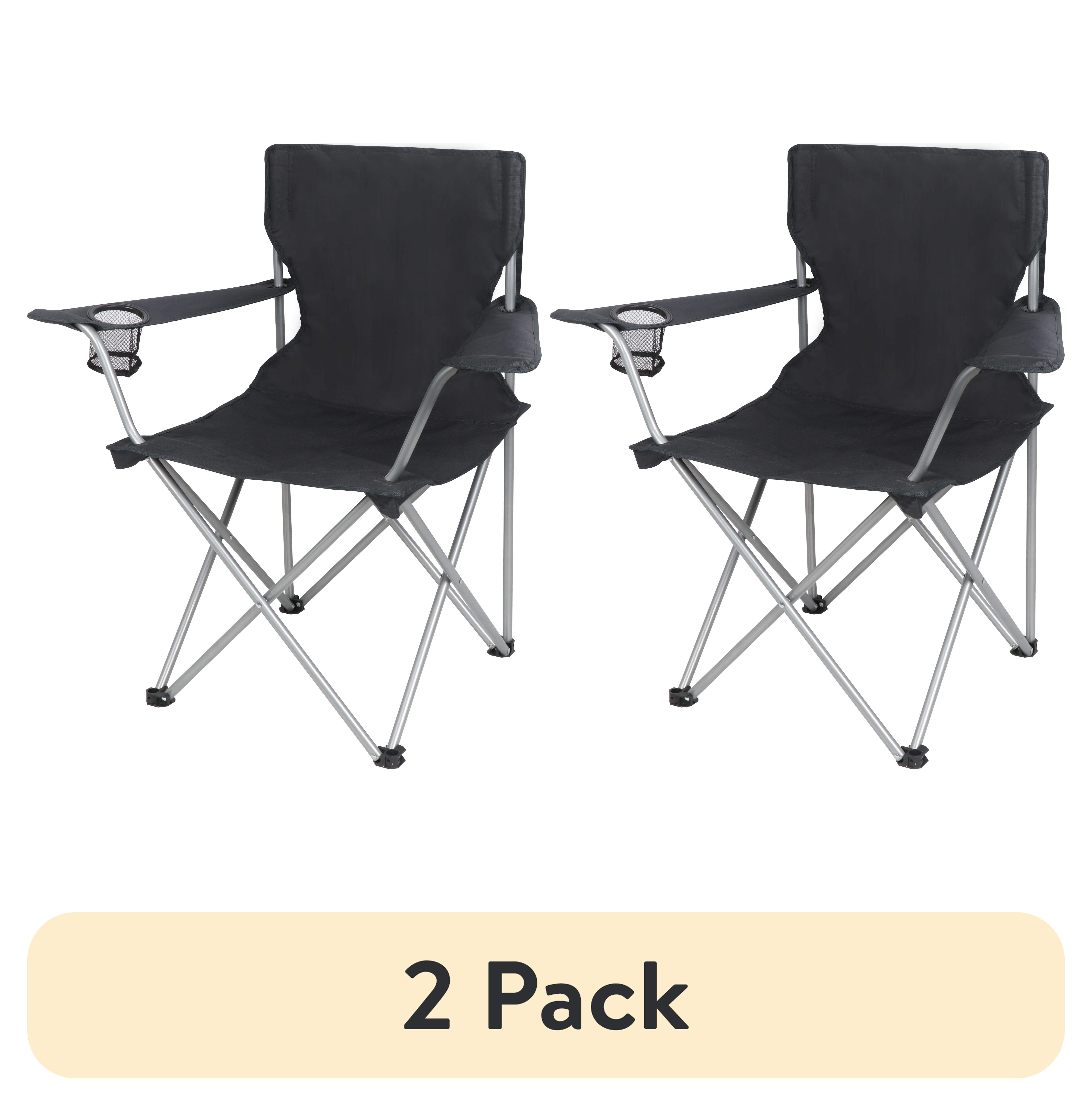 (2 pack) Ozark Trail Quad Folding Camp Chair with Cup Holder, Black