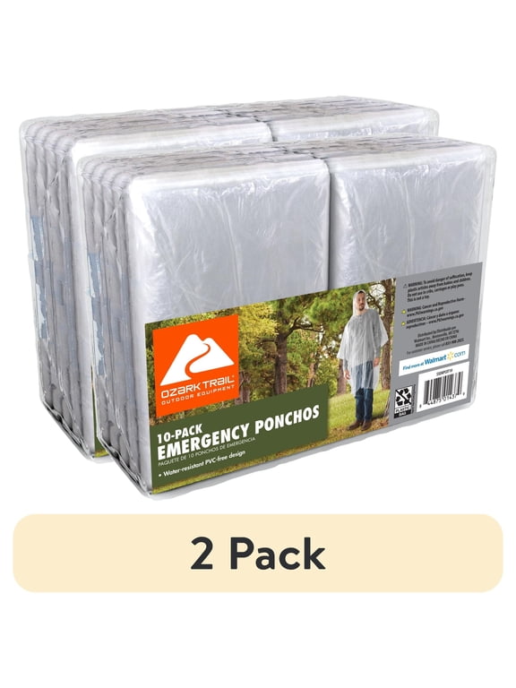 (2 pack) Ozark Trail Clear Emergency Poncho - 10 Pack
