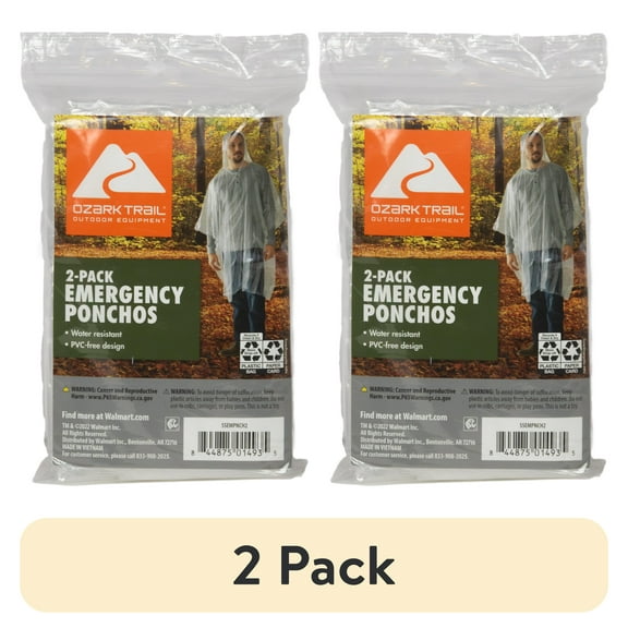 (2 pack) Ozark Trail Clear Emergency Poncho - 2 Pack