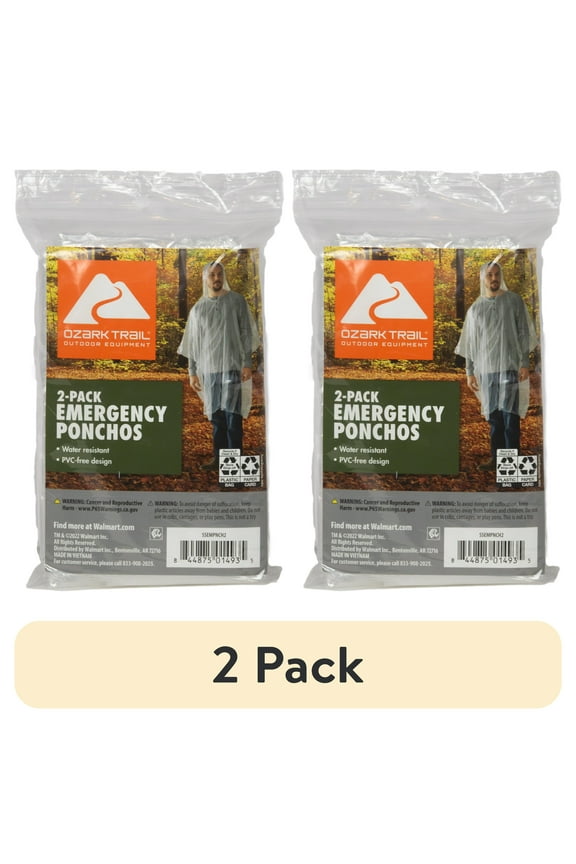 (2 pack) Ozark Trail Clear Emergency Poncho - 2 Pack