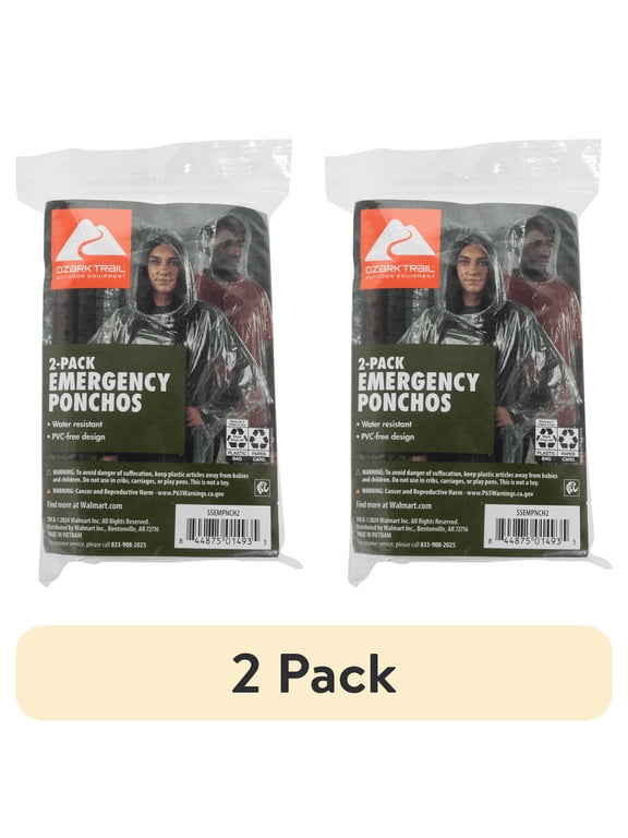 (2 pack) Ozark Trail Clear Emergency Poncho - 2 Pack