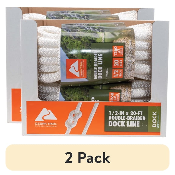 (2 pack) Ozark Trail Double-Braided Nylon Marine Dock Line, 1/2 in x 20 ft, White, 1,260 lb Maximum Working Load