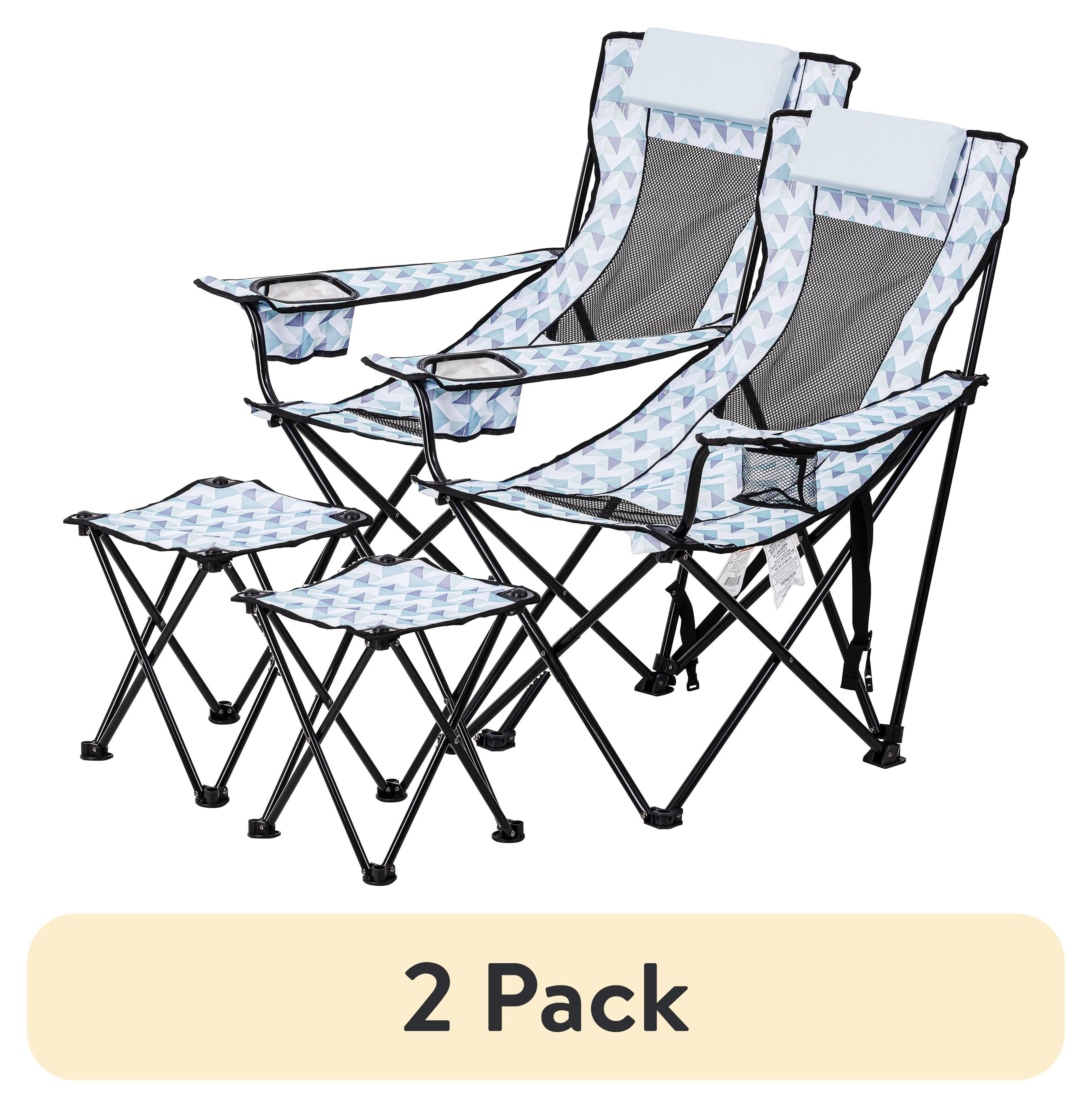 (2 pack) Ozark Trail Lounge Camp Chair with Detached Footrest, Blue and White Geo Design, Adult, 10.56 lb