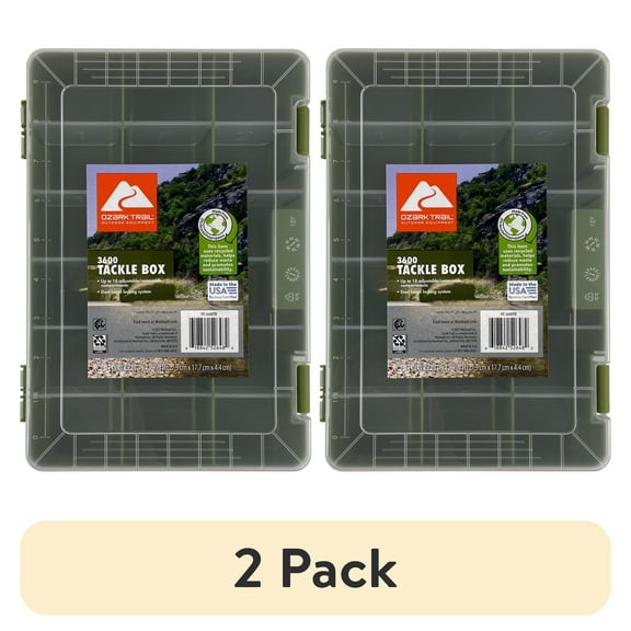 (2 pack) Ozark Trail Medium Plastic Tray Fishing Tackle Box 3600, Green