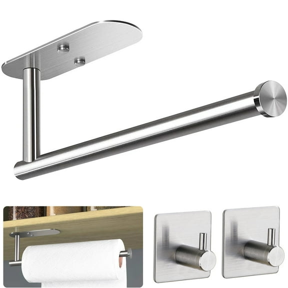 (2 pack) PHANCIR Paper Towel Holders with 2 Pack Adhesive Hooks, Wall Mount Kitchen Paper Holder Under Cabinet, Silver