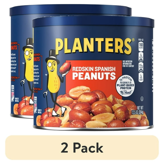 (2 pack) PLANTERS Redskin Spanish Peanuts, Roasted Salted Peanuts, Plant Based Protein, 12.5 oz Steel Can