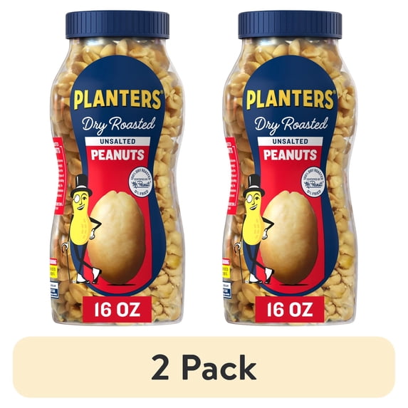 (2 pack) PLANTERS Unsalted Dry Roasted Peanuts, Snacks, Plant Based Protein, 16oz Plastic Jar