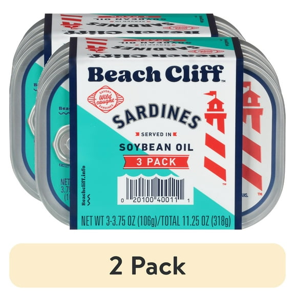 (2 pack) Beach Cliff Wild Caught Sardines in Soybean Oil, Gluten Free, 14g Protein Per Serving, Shelf Stable Tin Can, 3.75 oz (Pack of 3)