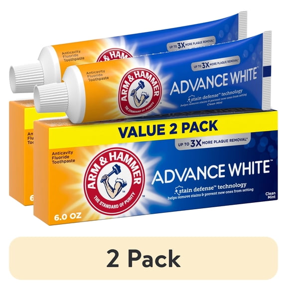 (2 pack) ARM & HAMMER Advance White Anticavity Whitening Toothpaste with Fluoride, Clean Mint, 6 oz, 2 Pack
