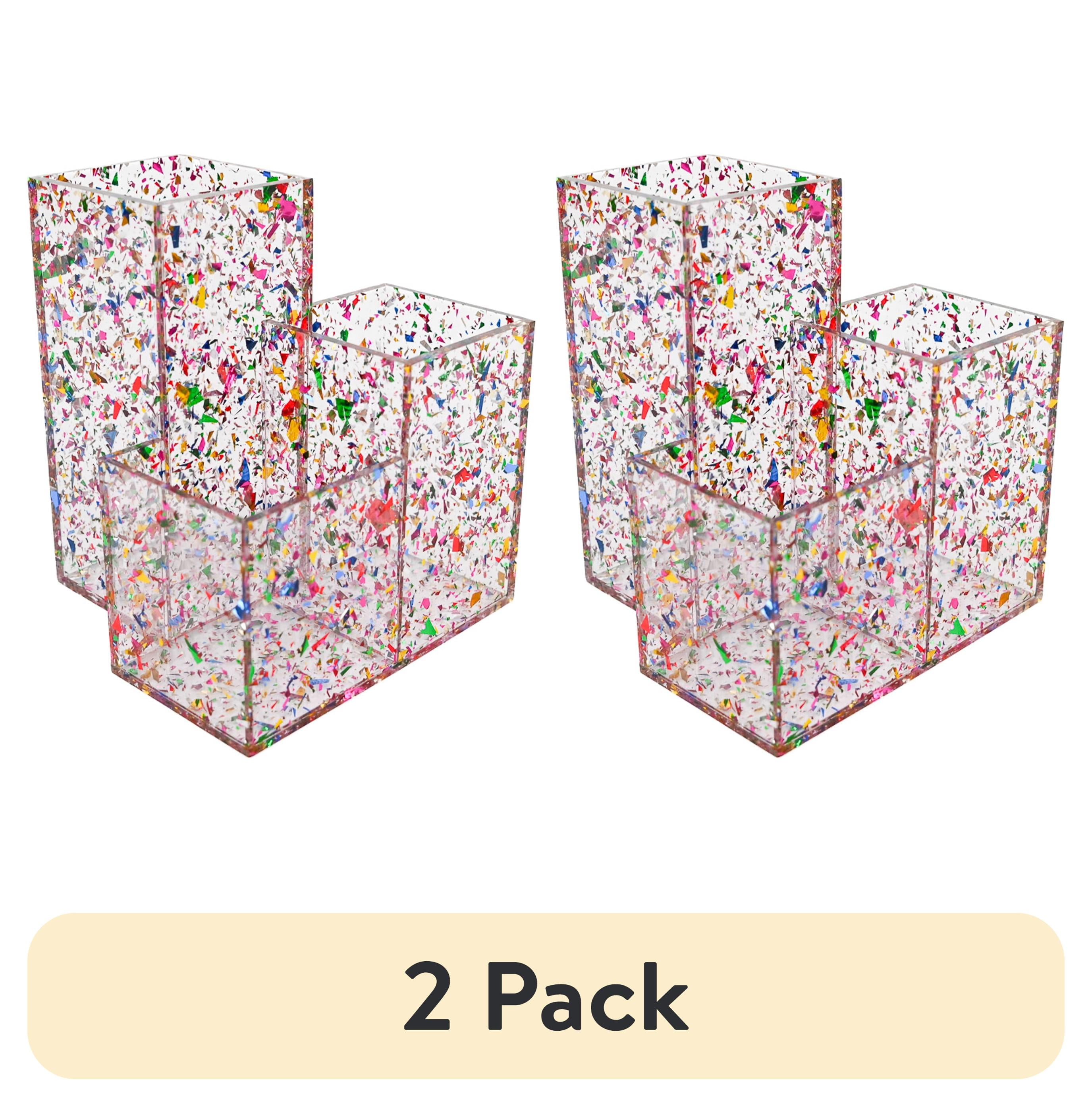 (2 pack) Packed Party On Display Pink Confetti Acrylic Brush Organizer, 4.5"L x 4.5"W x 5.25"H