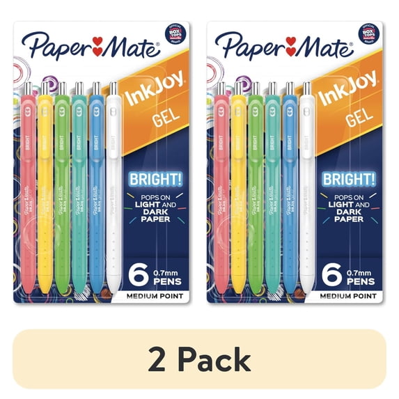 (2 pack) Paper Mate InkJoy Bright Gel Pens, Medium Point (0.7mm), Retractable, Assorted Brighter Colors, 6 Ct