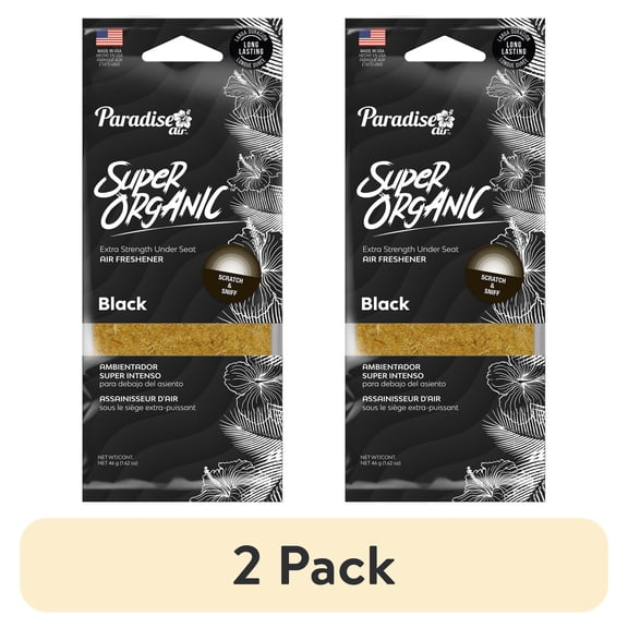 (2 pack) Paradise Air Super Organic Extra Strength Air Freshener, Under the Seat, in the Door Pocket,1.62 oz, Black