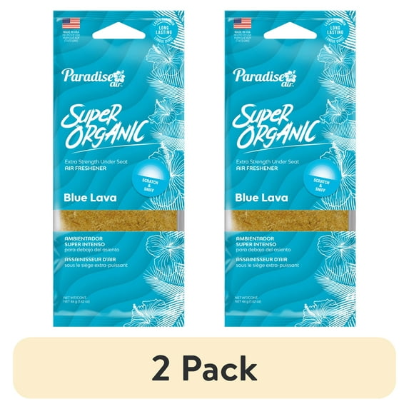 (2 pack) Paradise Air Super Organic Extra Strength Air Freshener, Under the Seat, in the Door Pocket, 1.62 oz, Blue Lava