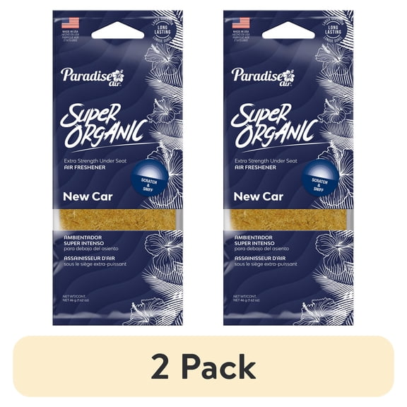 (2 pack) Paradise Air Super Organic Extra Strength Air Freshener, Under the Seat, in the Door Pocket, 1.62 oz, New Car