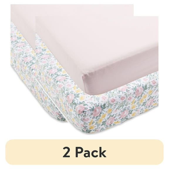 (2 pack) Parent's Choice 100% Cotton Fitted Crib Sheets For Baby Girls, Pink Floral, 2 Pack, Crib Bed