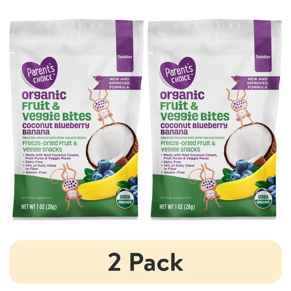 (2 pack) Parent’s Choice Organic Stage 3 Toddler Snacks, Coconut, Blueberry, and Banana Fruit Bites, 1 oz Pouch