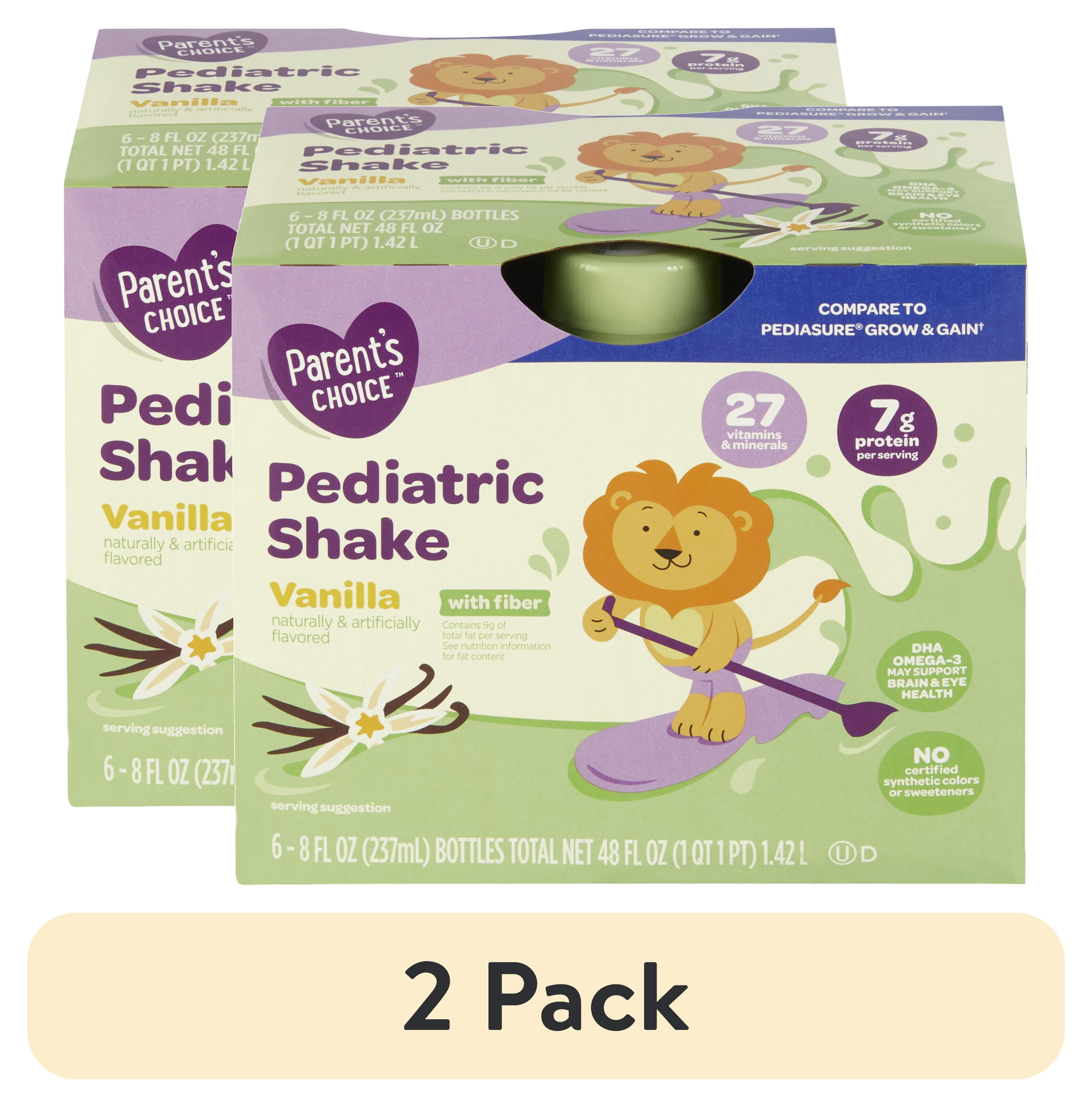 (2 pack) Parent's Choice Pediatric Shake, Vanilla with Fiber, 8 fl oz Bottle, 6 Shakes
