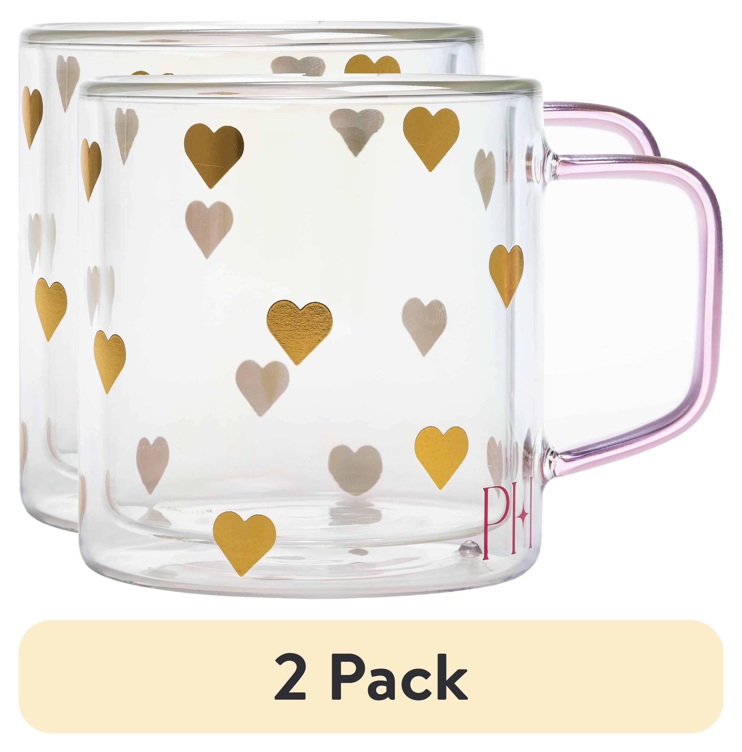 (2 pack) Paris Hilton Double Wall Glass Coffee Mug,13.5 Ounces, Hearts