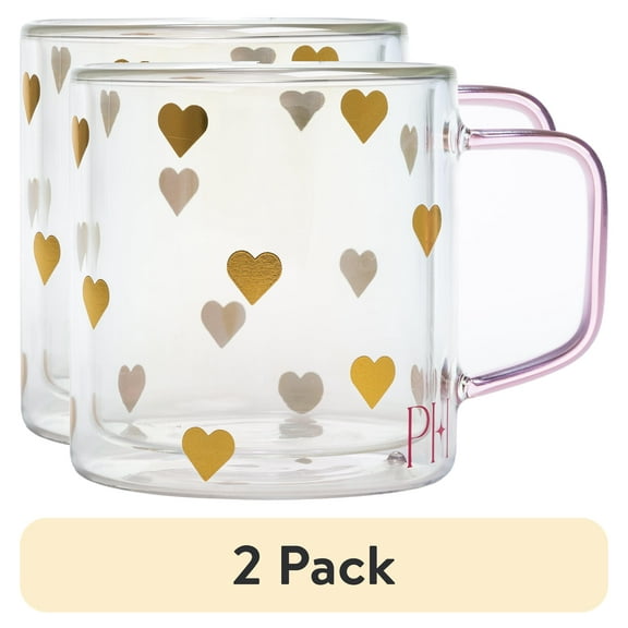 (2 pack) Paris Hilton Double Wall Glass Coffee Mug,13.5 Ounces, Hearts