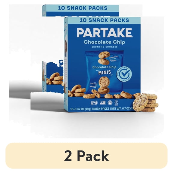 (2 pack) Partake Mini Crunchy Chocolate Chip Cookie Snack Packs, Vegan & Gluten-Free, Shelf-Stable, Baked, Pack of 10