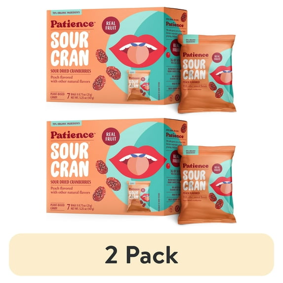 (2 pack) Patience SourCran Dried Cranberry Fruit Snack, Peach Flavor, 0.75 oz Pouch, 7 Count