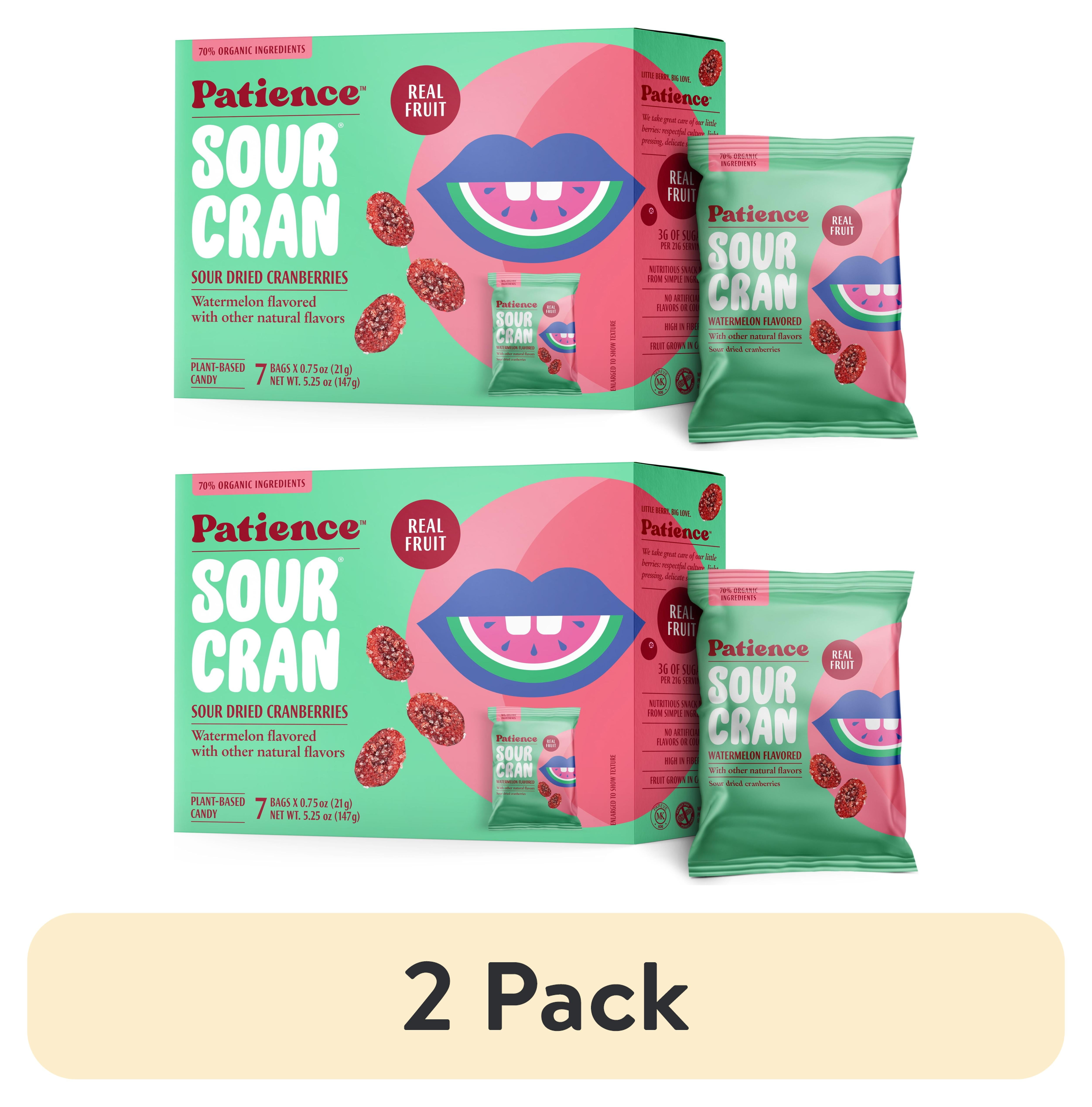 (2 pack) Patience SourCran Dried Cranberry Fruit Snack, Watermelon Flavor, 0.75 oz Pouch, 7 Count
